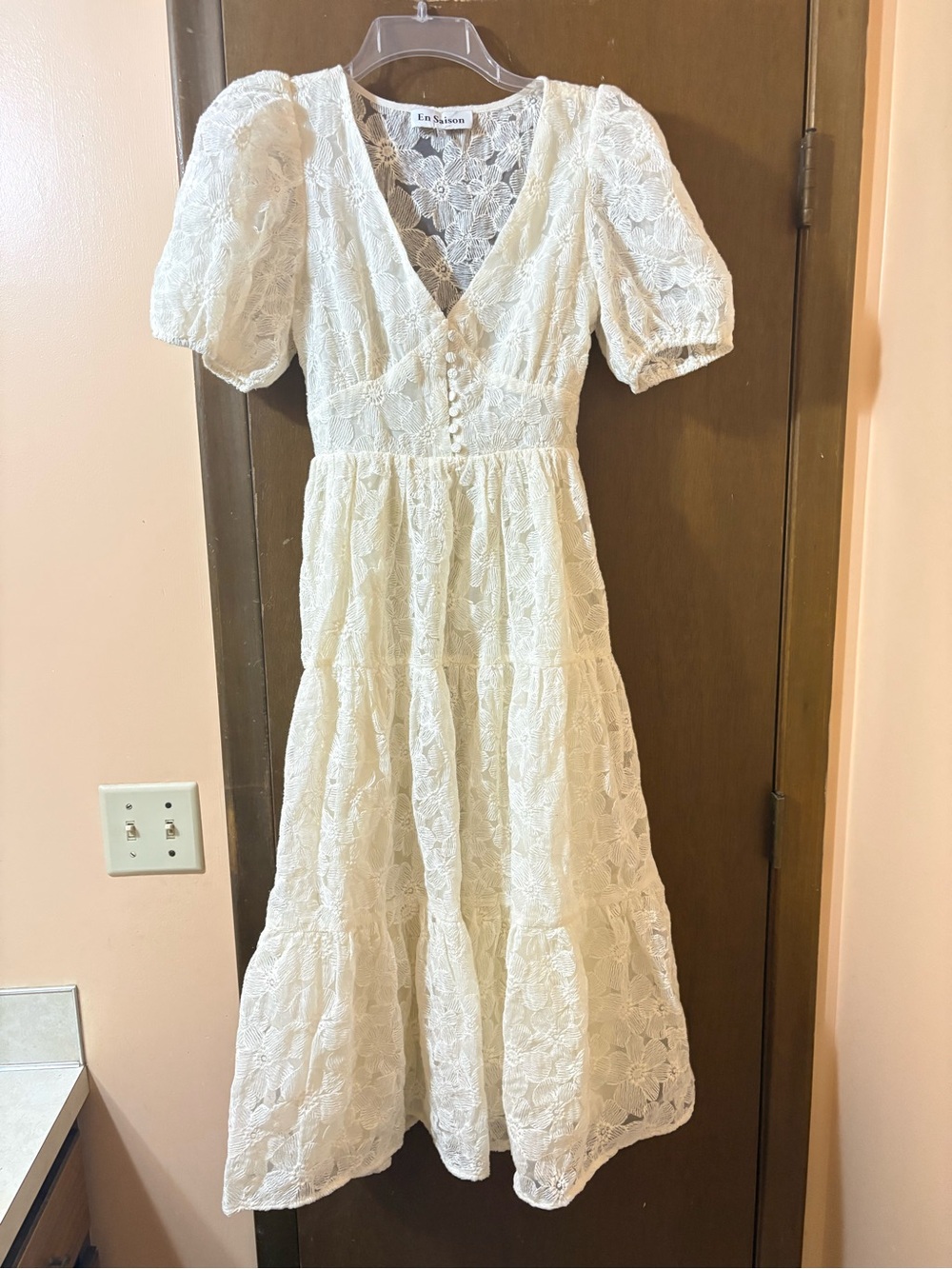 En Saison white floral eyelet lace tiered maxi dress